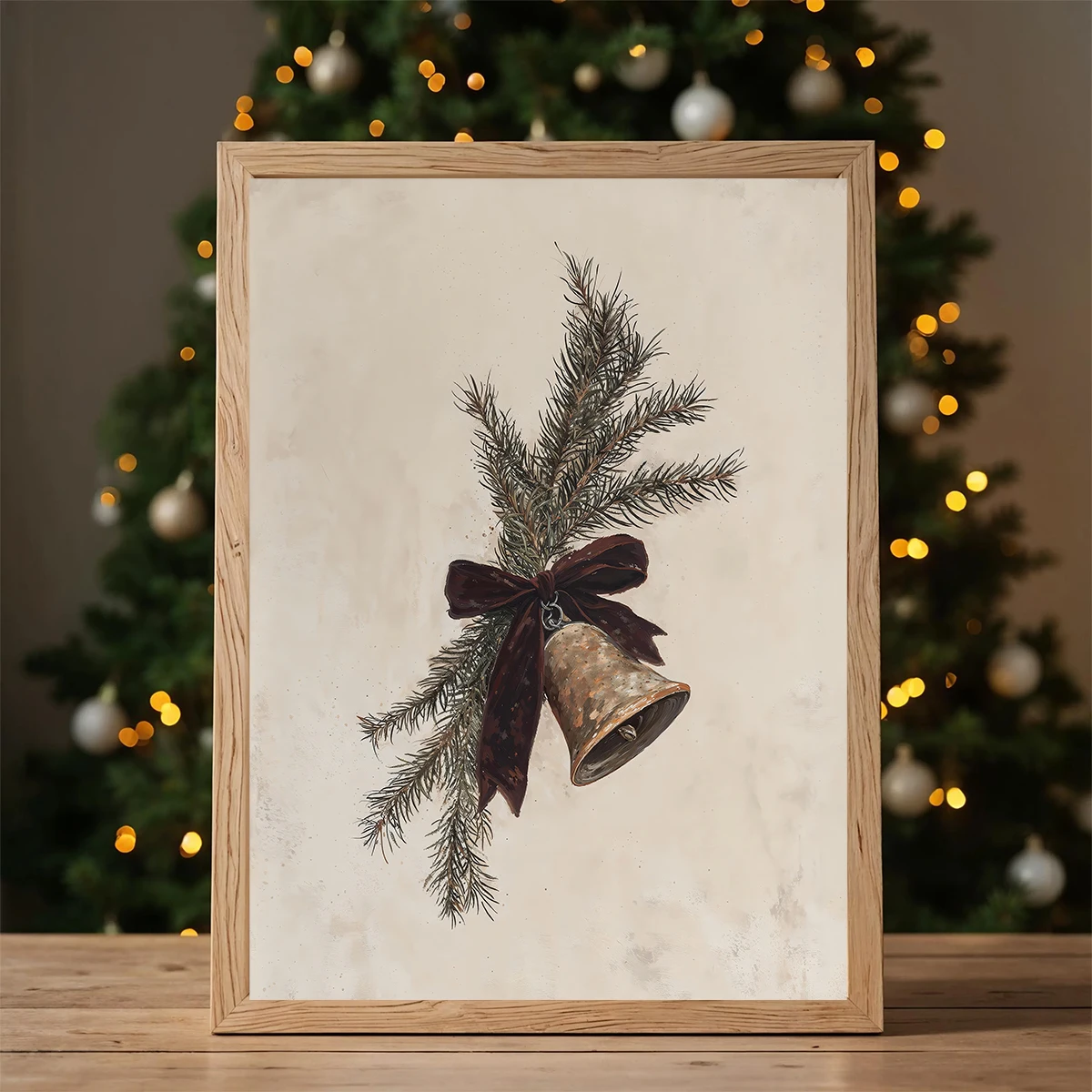 Campanas de Navidad, lazo de pino, póster impreso en lienzo, impresiones artísticas navideñas Vintage, arte de pared, sala de estar, decoración del hogar de invierno, regalos de vacaciones