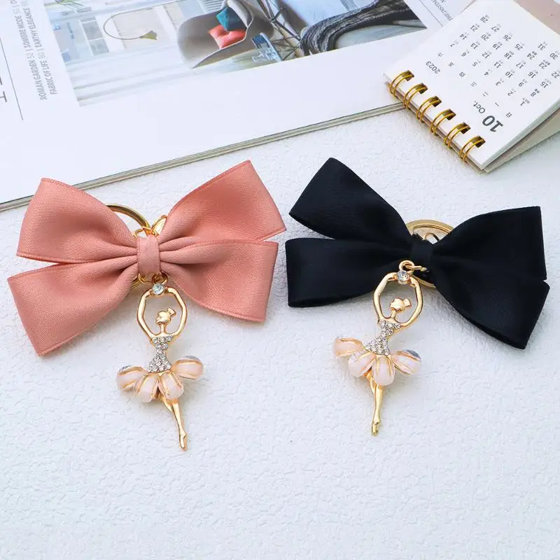 Big Bowtie Pendant Keychain Cute Crystal Ballet Dancer Charms Keyring For Girls Backpack Car Key Ring Earbud Case Accessories
