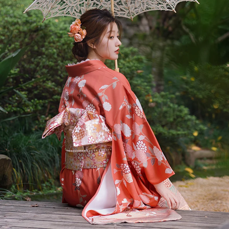 

Japanese Traditional Kimono Gown With Obi Print Flower Airy Dresses Costume Women Ladies Geisha Haori Yukata Kimono Gown Suit