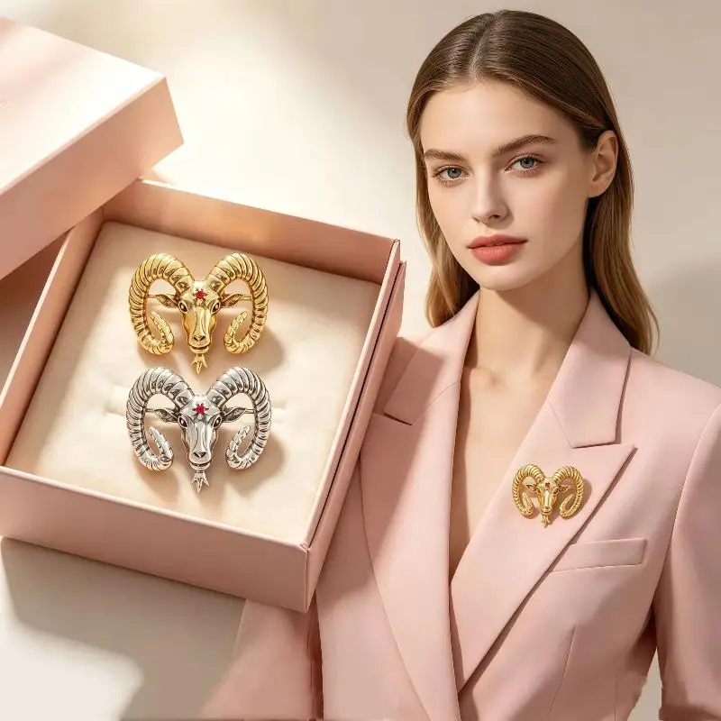 1Pcs Vintage Aries Ram Head Brooch Shiny Red Zircon Inlay Gold Silver Color Options For Office Daily Wear And Gifting