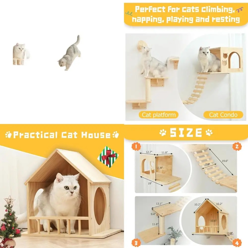 

9-Piece Wall-Mounted Cat Shelf System with 2 Wooden Condos, Large Cat Climbing and Scratching Wall Furniture, Space-Saving Activ