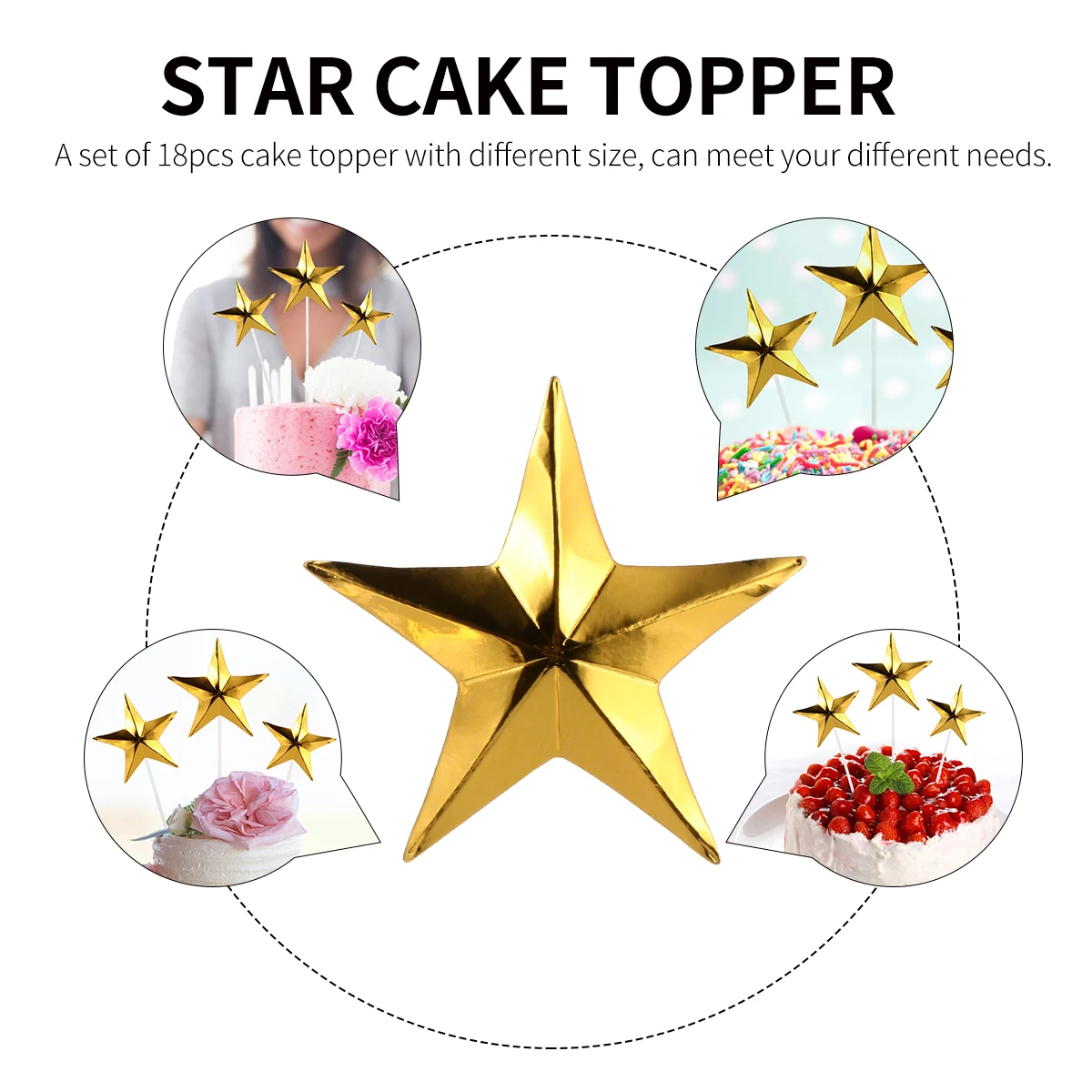 

18pcs Five-pointed Star Cake Topper Food Grade Gold Foil for Birthday Wedding Party Cake Cupcake Dessert Picks Decorations