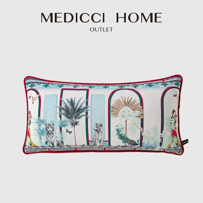 

Medicci Home Whimsical Foliage White Tiger Peacock Decorative Lumbar Pillowcase Scenic Fabric Art Oblong Cushion Cover 30x60cm