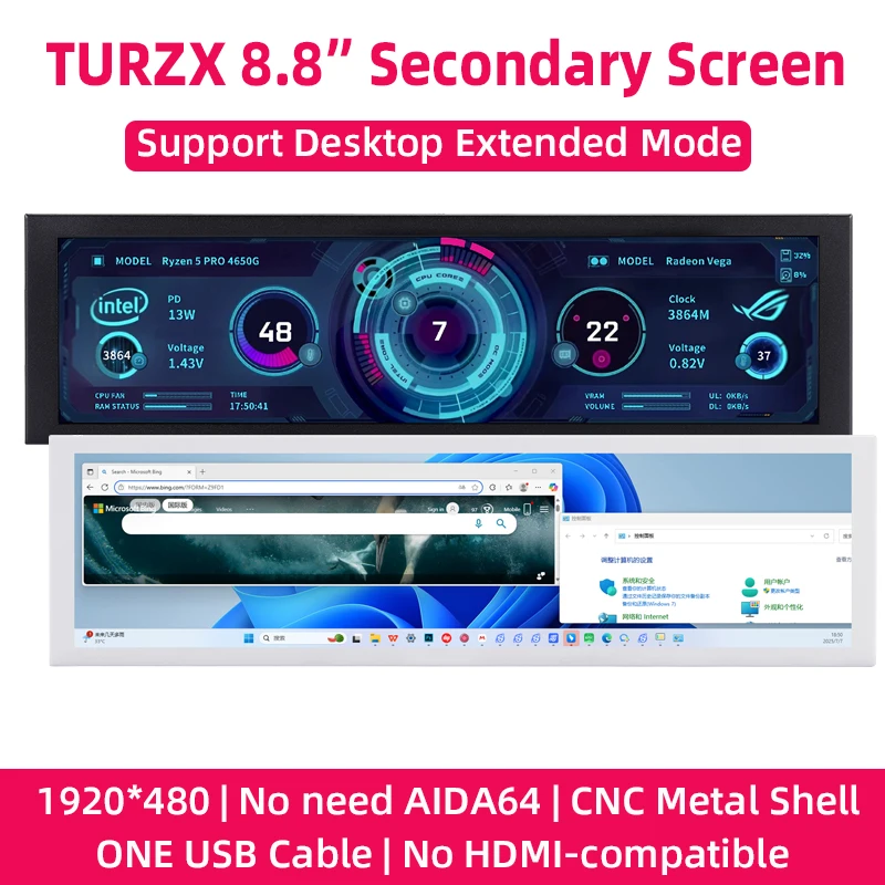 

TURZX 8.8 Inch USB Secondary Screen IPS Desktop Extended Display Play Video Picture Via TF Card CPU RAM GPU Monitor NO AIDA64