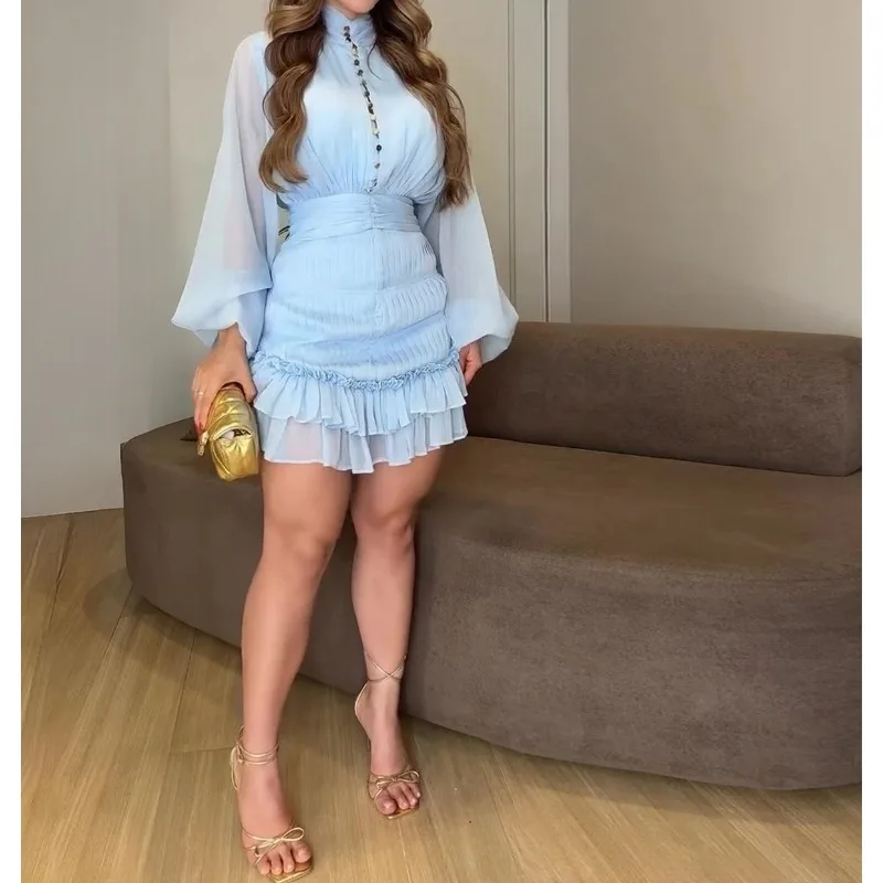 الملابس النسائية 2025 خريف جديد الوقوف طوق فانوس كم كشكش حافة الخصر فستان أنيق يؤرخ فستان #2