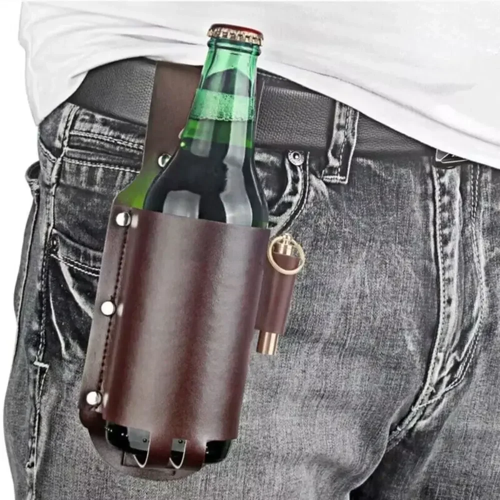 PU Leather Beer Bottle Waist Holster Waist Hanging Style Portable Wine Bottles Beverage Holder with Pen Holder