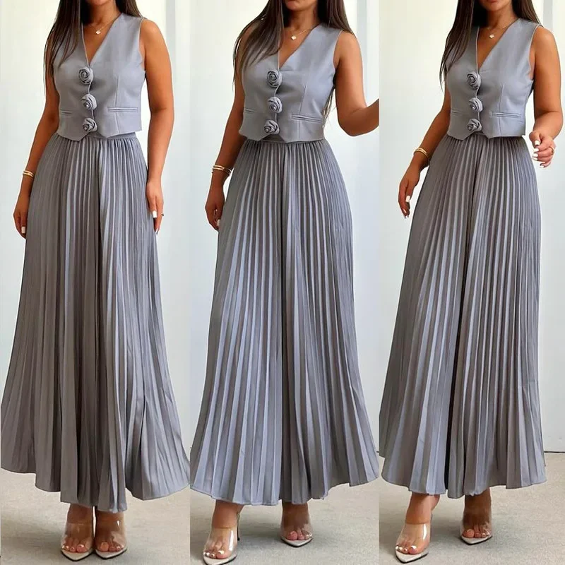 Summer Sleeveless Vest Skirt Pleated Skirt Long Sleeves Ensemble 2piece Femme Two-piece Ladies Set New Dress Sets Womens 2 Piece