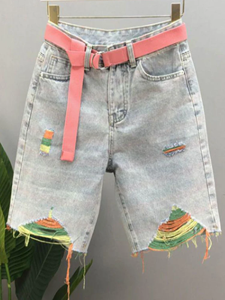 

New Summer 2024 Colorful Personalized Shorts Ragged Edges And Perforated Denim Women's Loose Casual Straight Button Middle Pants