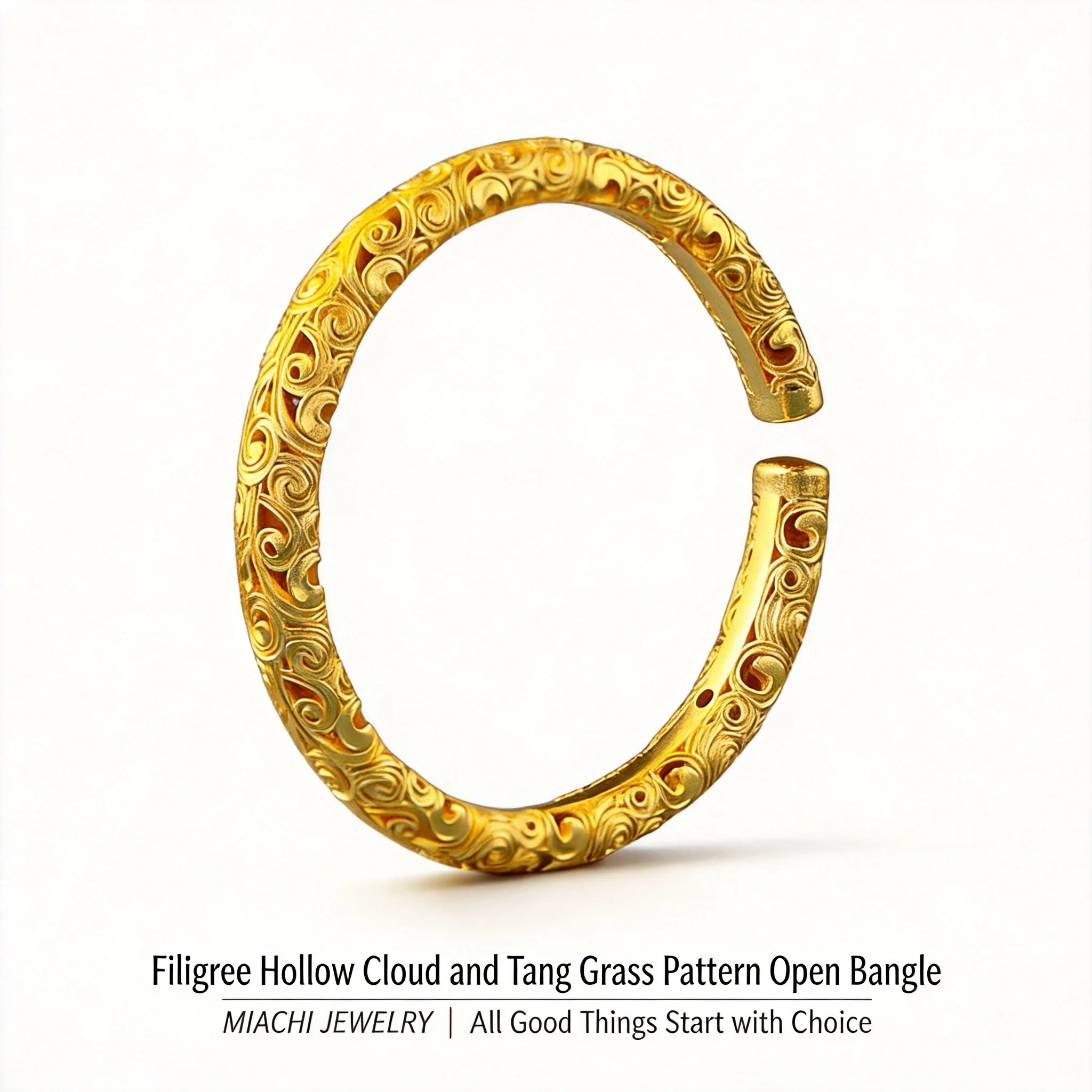 Chinese Traditional Lucky Auspicious Cloud Tang Scroll Pattern Hollow Filigree Open Cuff Bangle Gold Plated Fortune Blessing Goo
