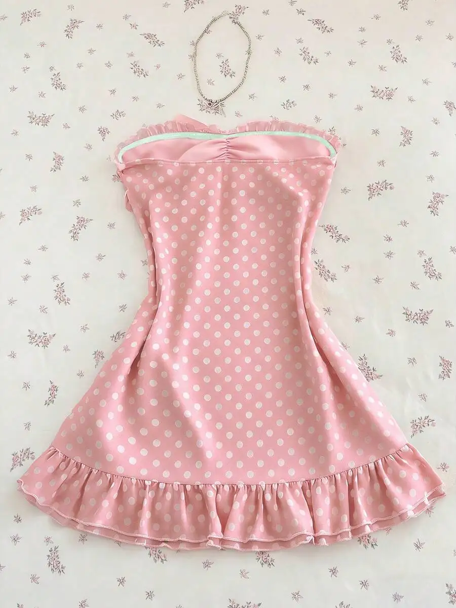 

Pink Polka Dot Ruffled Tube Top Mini Dress Sleeveless Casual Summer Outfit