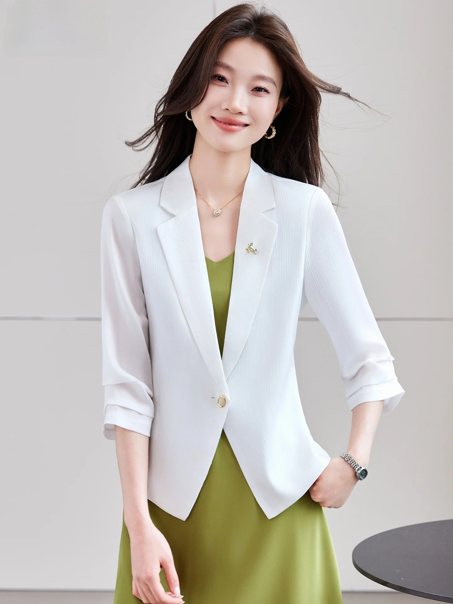

White Casual Mid-Sve Suit Jaet for Women Spring Summer New Sle Faion Thin Polyester Commute Wind Resistant Coat