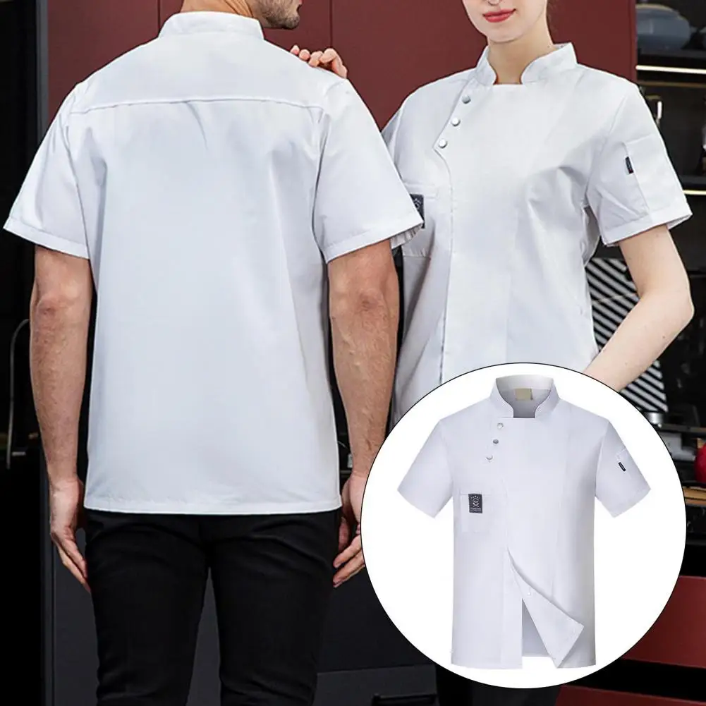 Uniforme de Chef de manga corta con hebilla de bolsillo Unisex, ropa de trabajo de Catering, panadería, restaurante, ropa de cantina, Color sólido