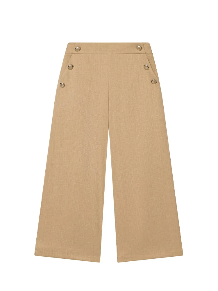 Hh moda feminina série bolsos com zíper botão decoração calças femininas cintura alta rua sólida outono 2 cores calças de perna larga