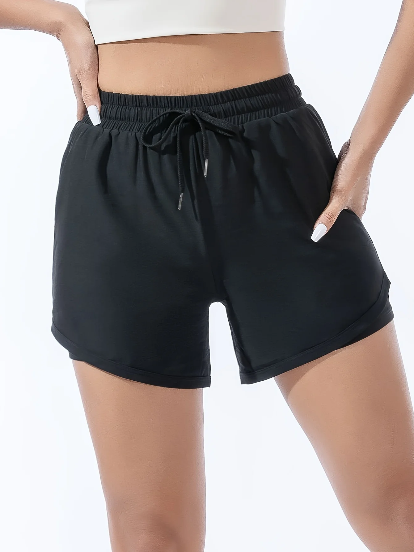 루즈핏 스포츠 반바지 여성용 하이웨이스트 이중 레이어 눈부심 방지 요가 피트니스 팬츠 러닝 속건 트레이닝 아우터웨어