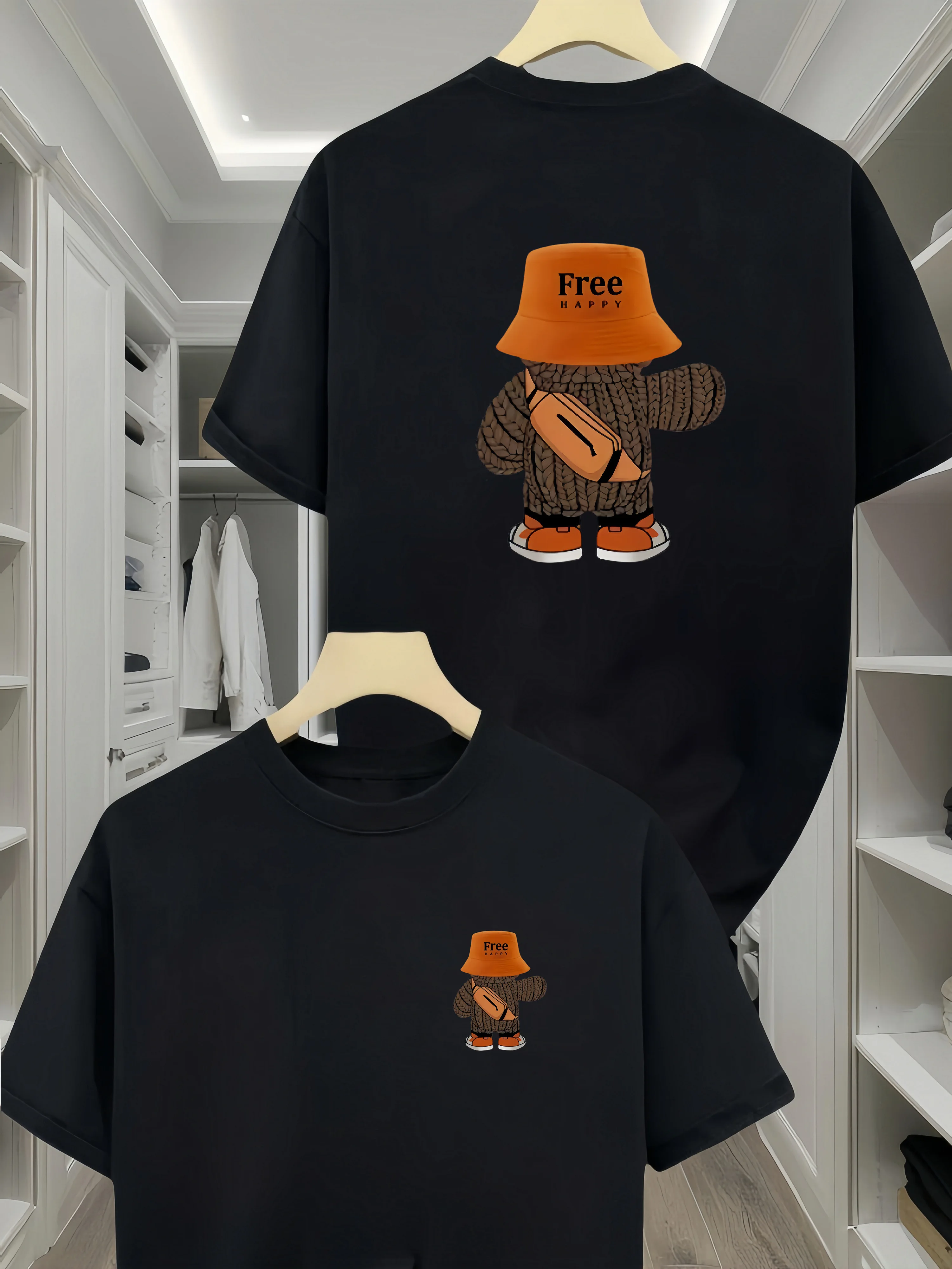 

Мужская футболка из 100% хлопка с рюкзаком и рисунком медведя, повседневная и удобная, с короткими рукавами и круглым вырезом, подходящая для всех сезонов