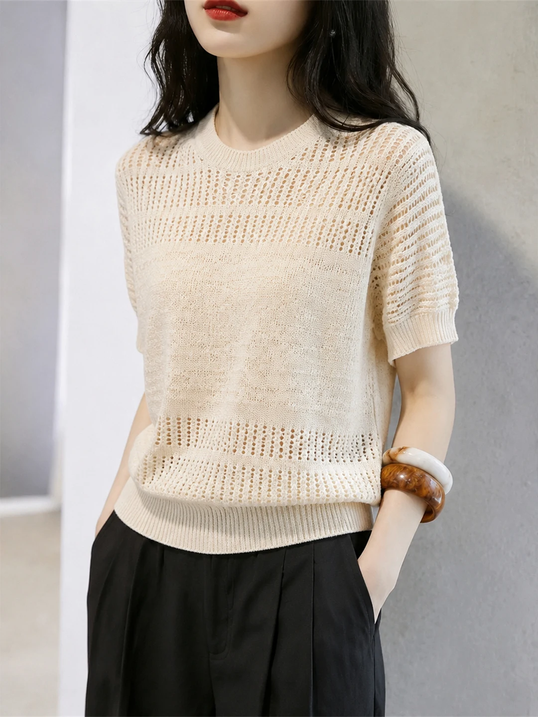 

Korean Style Gentle Short Sleeve Ladylike Top Hollow out Knitted Summer Ice Silk round Neck Small Shirt Commute Fashion Strai...