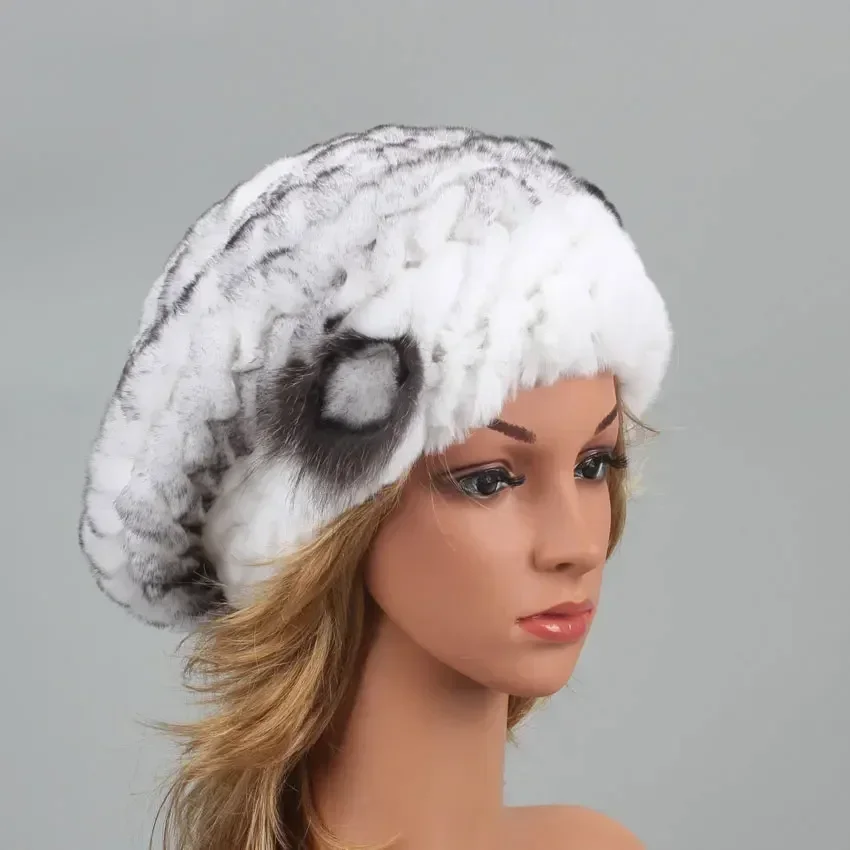 Berets for women Genuine Rabbit Fur Hat Winter Causal Warm Knitted Cap For Girls Female Fashion Outdoor Large Ladies Volume Hats