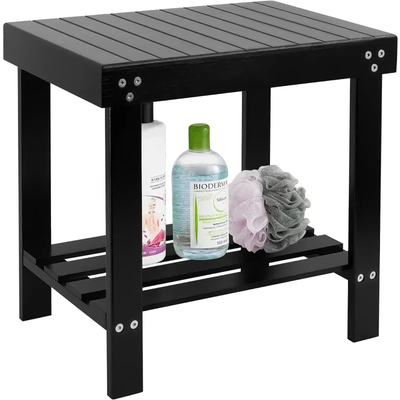 

Spa Bench Wood Seat Stool Foot Rest Shaving Stool with Non-Slip Feets Storage Shelf for Shampoo Towel,Works in Bathroom