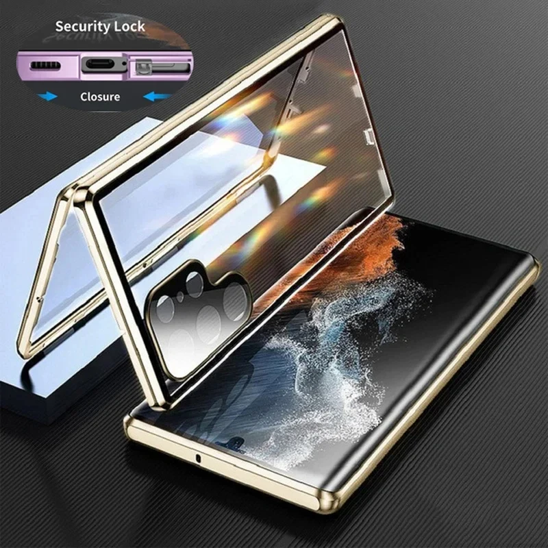 

Metal Double Sided Glass Magnet Snap Lock Case For Samsung Galaxy S23 S22 S21 Ultra S23 Plus Full Lens Protective Cover Case