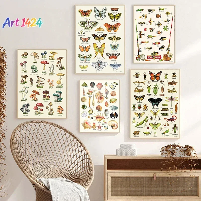 Vintage Butterfly Insects Fungi Shell Collection Chart Poster Prints Canvas Printing Wall Art Picture for Living Room Home Decor
