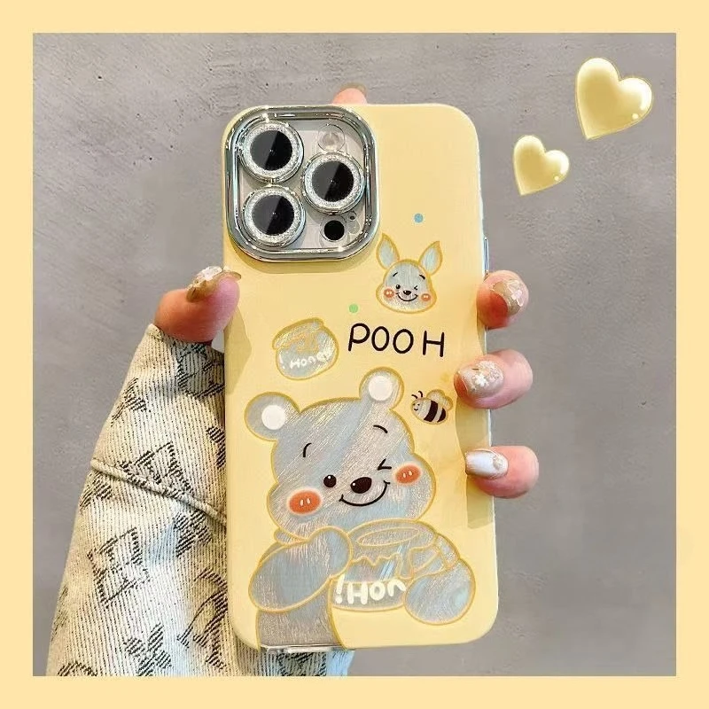 くまのプーさんのかわいいスマホケース iPhone16pro/16ProMax/15/15Pro用 レンズフィルム付き 高級感