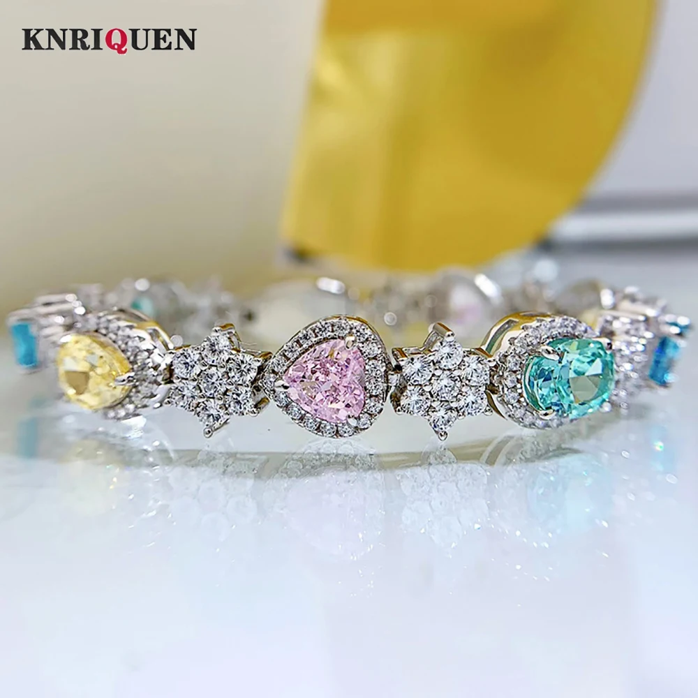 

2022 New 100% 925 Sterling Silver Gemstone High Carbon Diamond Candy Bracelet for Women Cocktail Party Fine Jewelry Gift 16-18cm