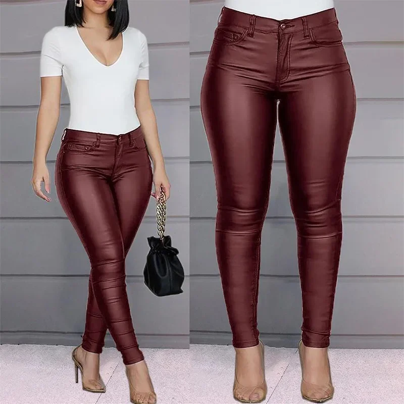 Sexy Fashion Womens High Waist Pencil Pants Skinny PU Leather Long Solid Slim Club Party Casual Pocket Trousers for Women