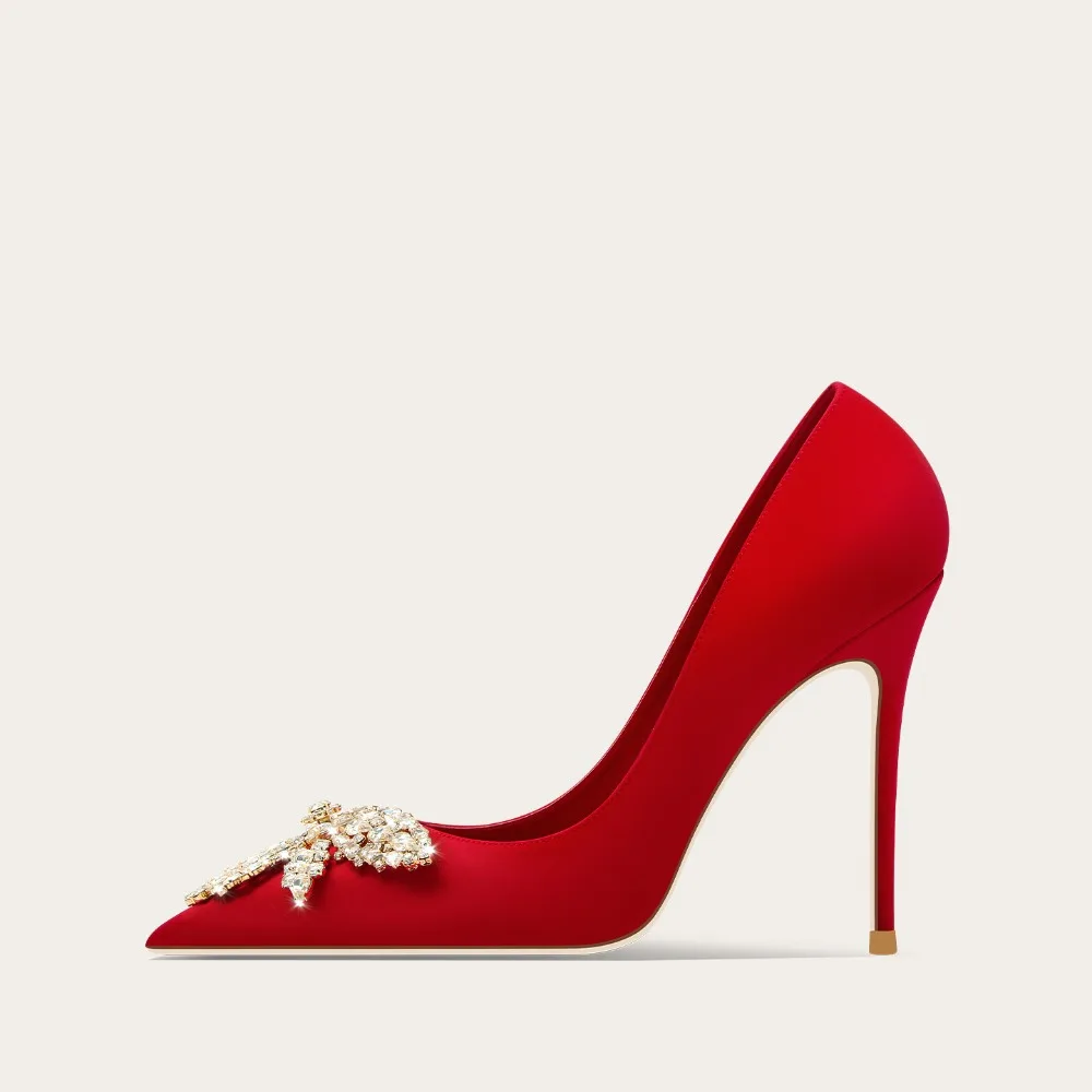 Chinese Wedding Shoes Red Satin High Heels Bridal Shoes Rhinestone Luxury Bride Shoes