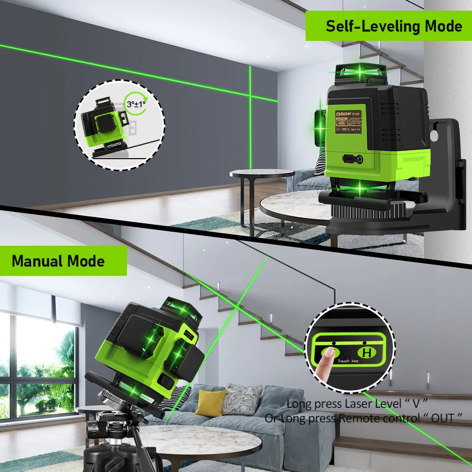 Clubiona 4D 16 lines Professional German Core Floor Ceiling Remote Control Green Line Laser Level with 5000mahs Li-Ion Battery