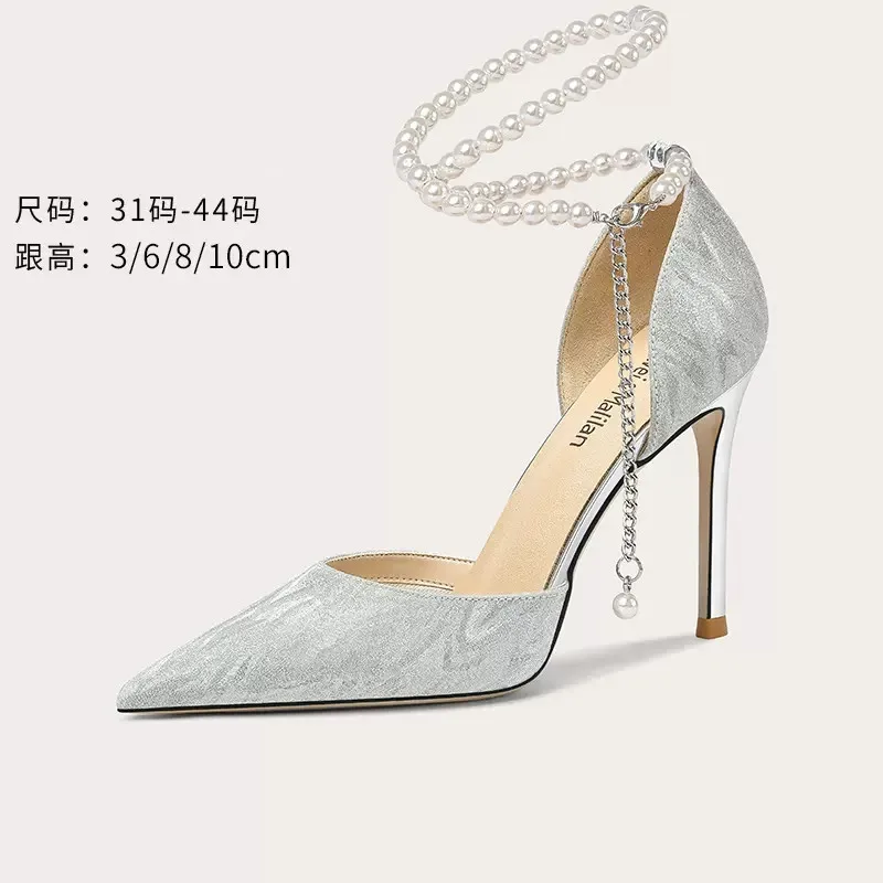 Spring and summer new pointy sequins pearl chain bride wedding shoes thin high heels party dress large small size female sandals