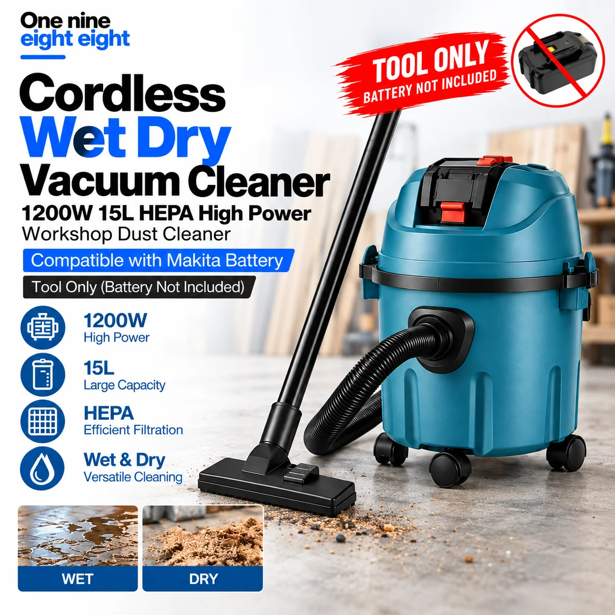 Cordless Wet Dry Vacuum Cleaner 1200W 15L HEPA High Power Workshop Dust Cleaner Compatible with Makita Battery Tool Only