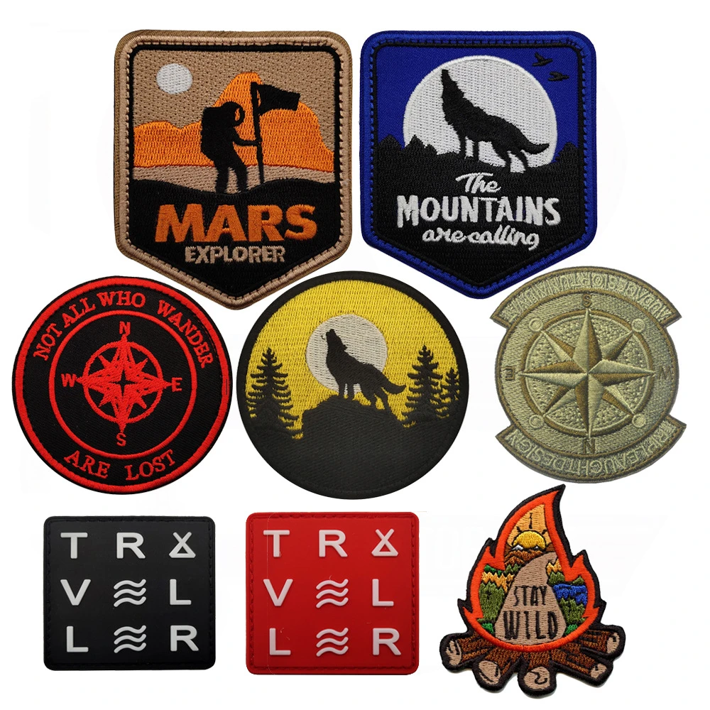 Outdoor Camping Compass Embroidered Patches Mountains Mars Explorer Bonfire Wolf Stay Wild TRX Luminous PVC Tactical Badge