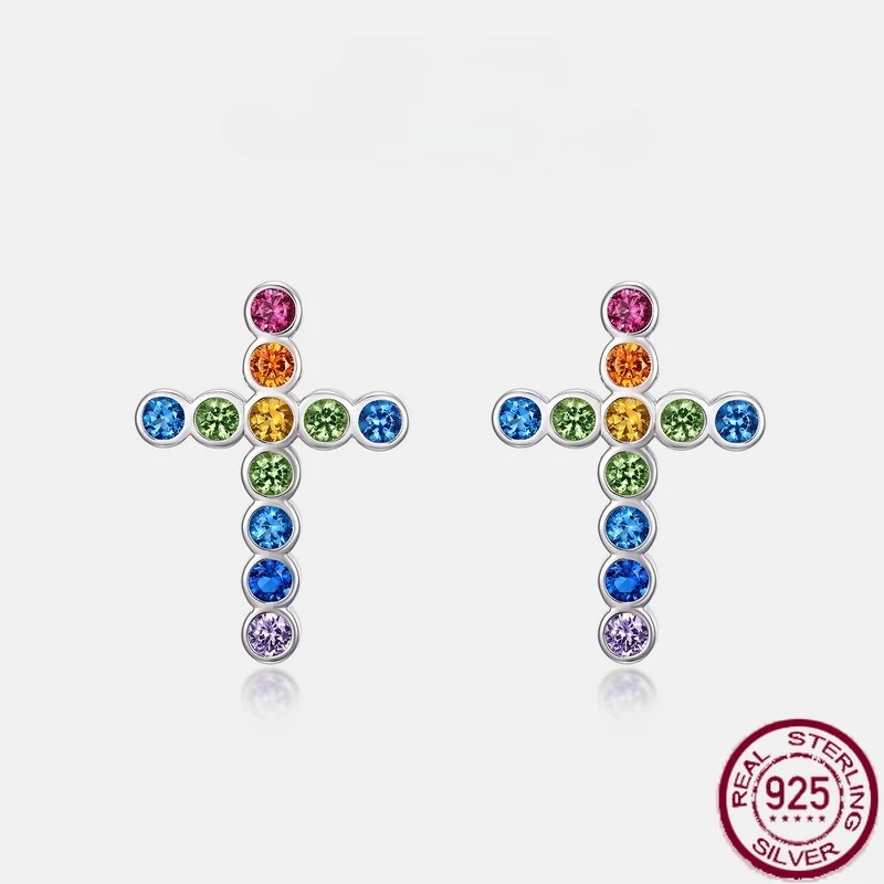 

New S925 sterling silver summer fresh rainbow inlaid with colorful zircon earrings European and American hip-hop wedding jewelry