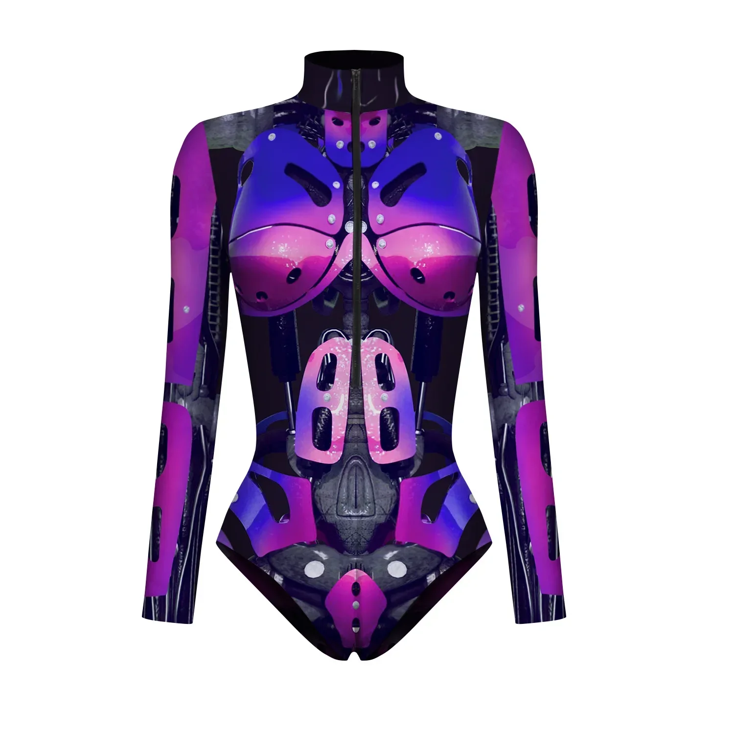 New Robot Armor Zentai 3D Digital Print Women\'s Long Sleeve Zipper Bodysuit Halloween Party Cosplay Costume