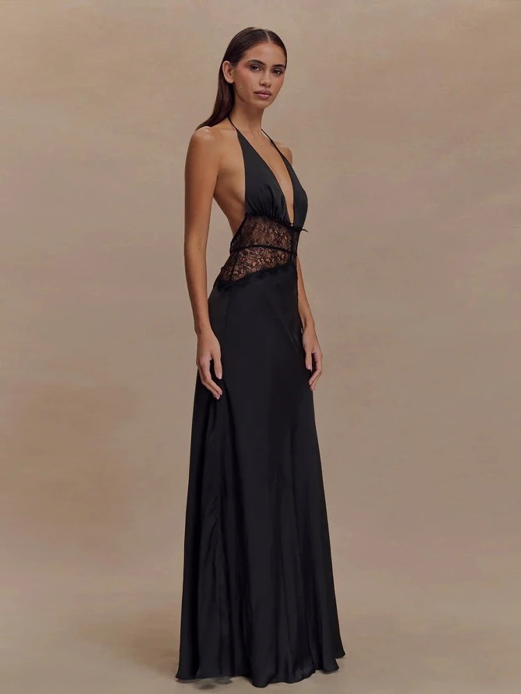Seksowny głęboki dekolt w serek Backless koronkowy patchwork satynowe sukienki dla kobiet 2025 lato Halter bez rękawów długa, maksi wieczorowa sukienka na imprezę