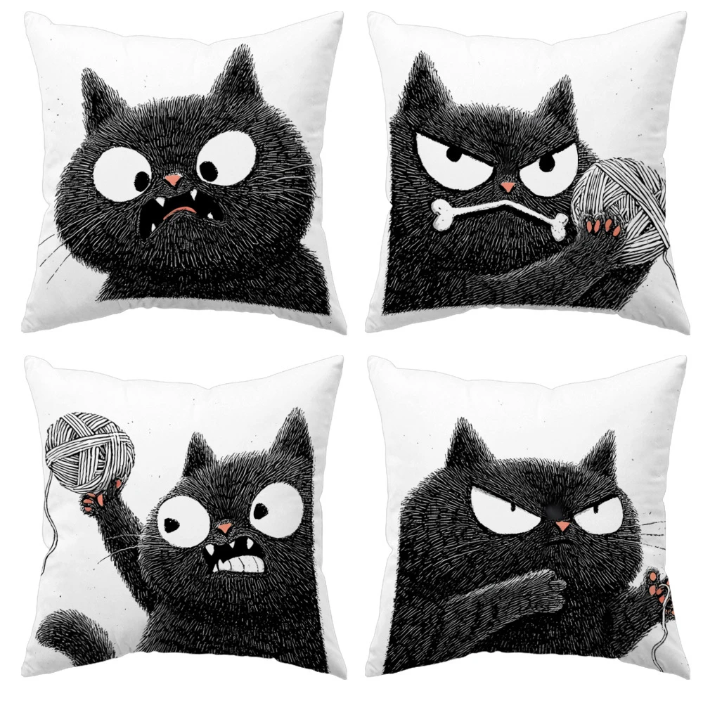 1/4 piezas Funda de cojín decorativa con diseño de gato negro loco jugando con una bola de hilo, para decoración del hogar, casa de campo o exterior