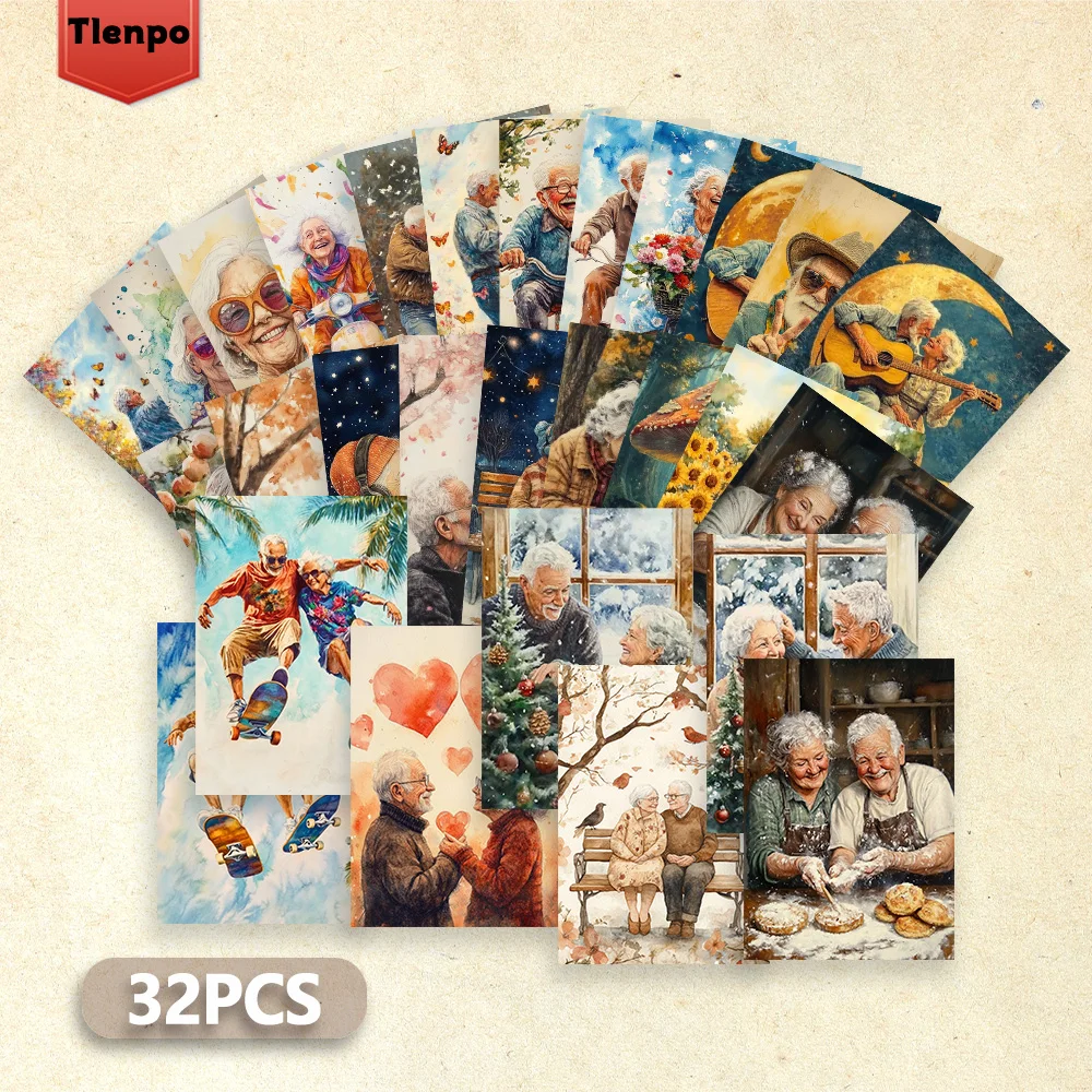 32 Stück Aquarell-Illustrations-Postkarten, Thema Gemütliches Seniorenleben, Innendekoration für Schlafzimmer, Grußkarten, Wandaufkleber, Souvenir