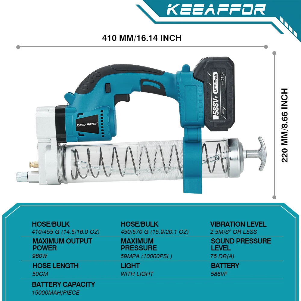 KEEAFFOR 10000PSL 960W Brushless Electric Grease Gun Cordless High Pressure Car Lubricant Oil Power Tool For Makita 18v Battery