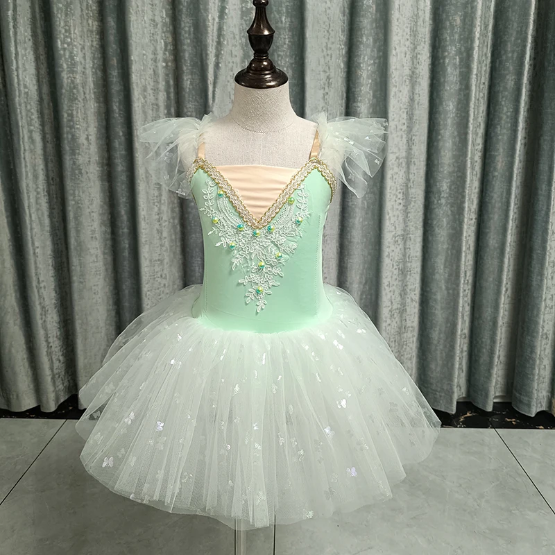 2023 New Ballerina Fairy Prom Party Costume Kids Blue Sequined Flower Dress Girls Dance Wear Gymnastic Ballet Leotard Tutu Dress