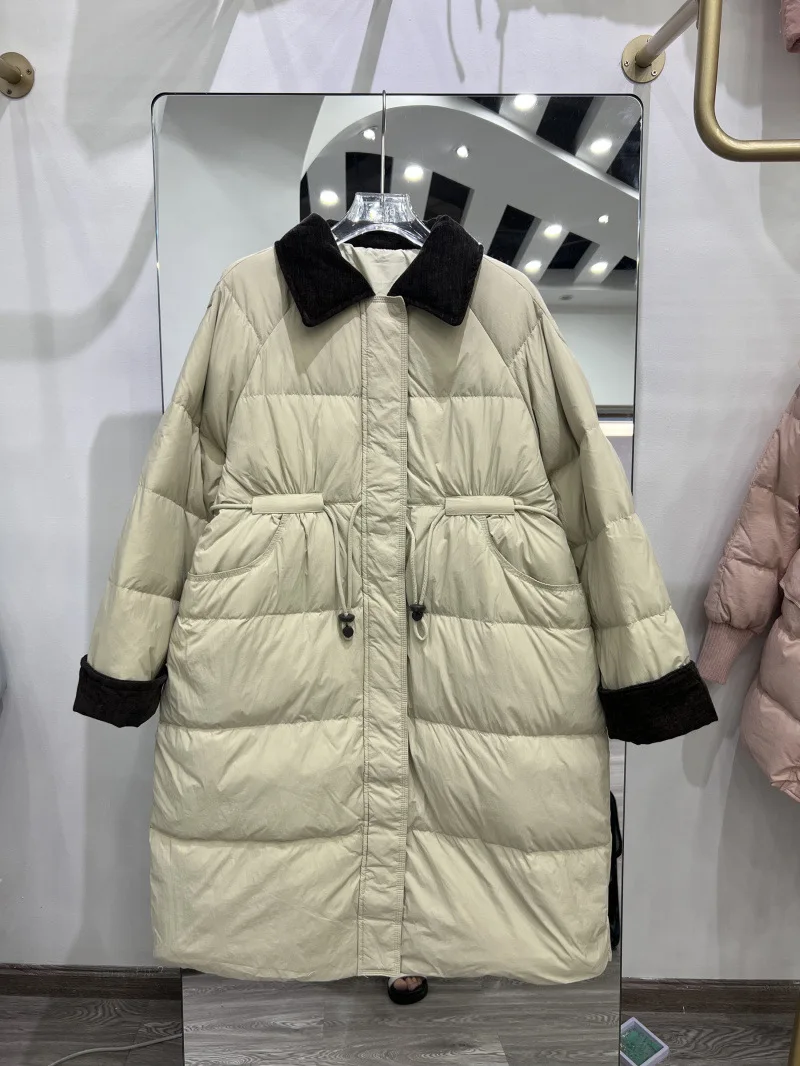 

Winter Corduroy Lapel Drawstring Long Down Jacket Women White Duck Down Knee Length Down Jacket Female Loose Warm Parker Outwear