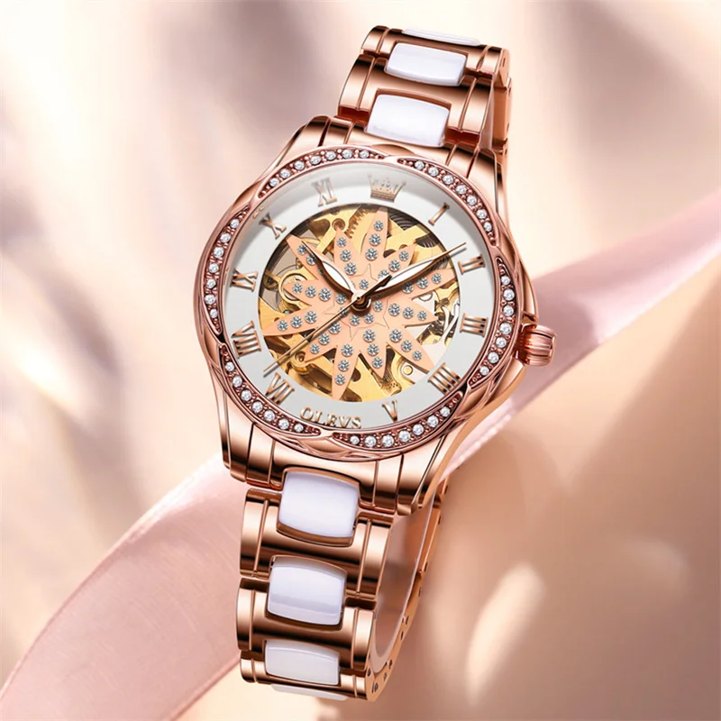 OLEVS Brand Automatic Mechanical Women Watch Fashion Ladies Rhinestone Skeleton Rose Gold Ceramics Luxury Watches Reloj Mujer