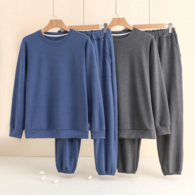 Men's Long Sleeve Long Pants Home Clothes Sleepwear Thickened Loose Two-Piece Set Can Be Worn outside Warm Cotton Set