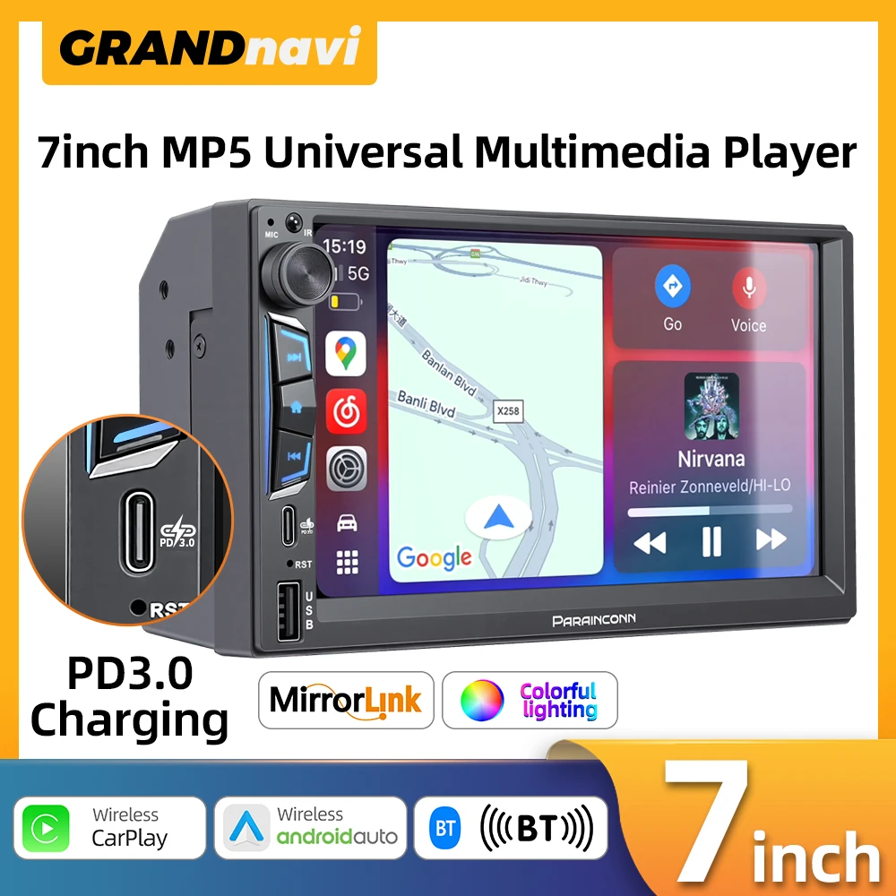 

7-дюймовый 2DIN MP5-плеер для автомобиля с беспроводным Android Auto, CarPlay, Mirrorlink, Bluetooth, цветной подсветкой, FM-радио, быстрой зарядкой PD3.0, универсальный