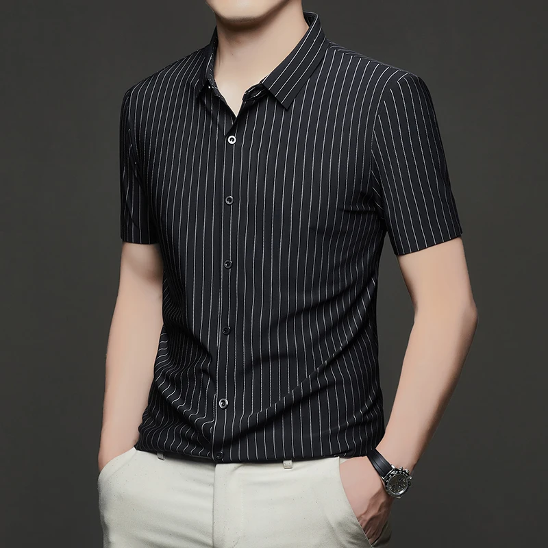 

Men's Short Sleeve Striped Fashion Shirts Summer Smart Casual Turn Down Collar Slim Fit Anti-Wrinkle Shirt Men Office Blouse
