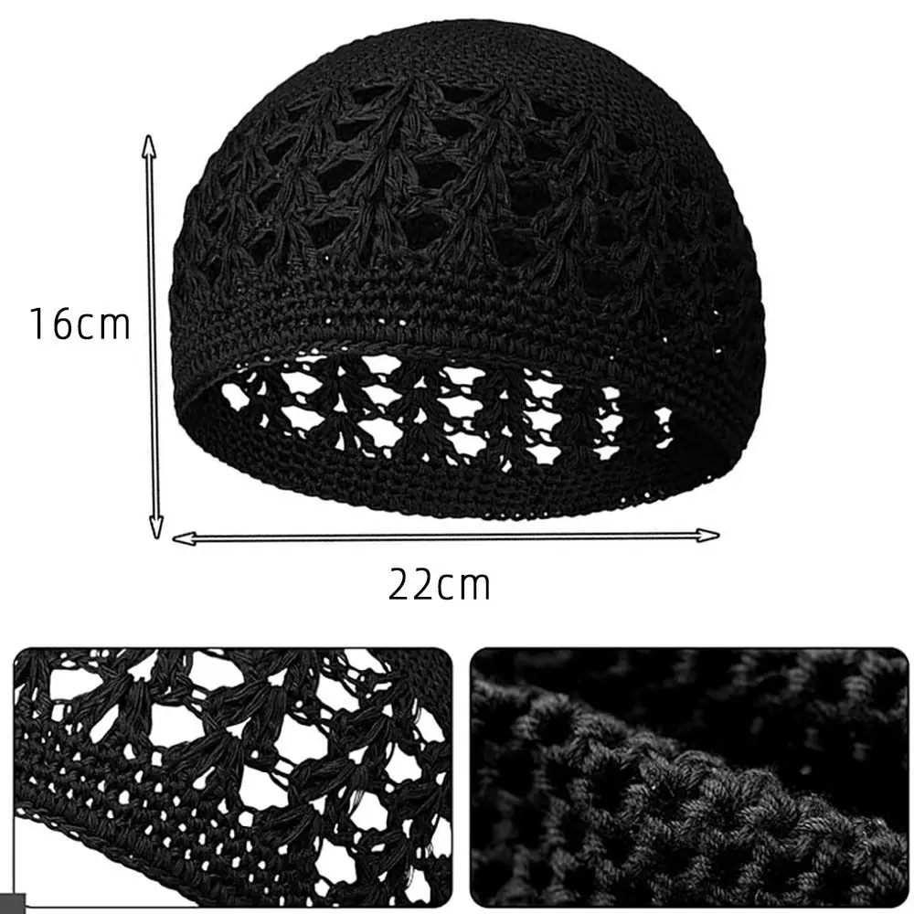 Jednokolorowe szydełkowe czapki typu beanie unisex rozciągliwa, ręcznie robiona bawełniana czapka z czaszką Winer ciepła dzianinowa czapka Kufi dla muzułmanów — zdjęcie 7