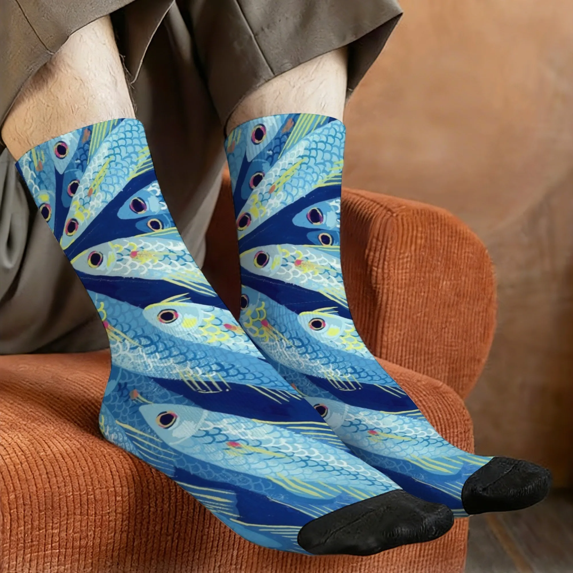 Novel Harajuku Retro Hand-painted Ocean Fish School Pattern Crew Socks Dark Blue Base Mid-Calf Socks Edgy Casual Wear