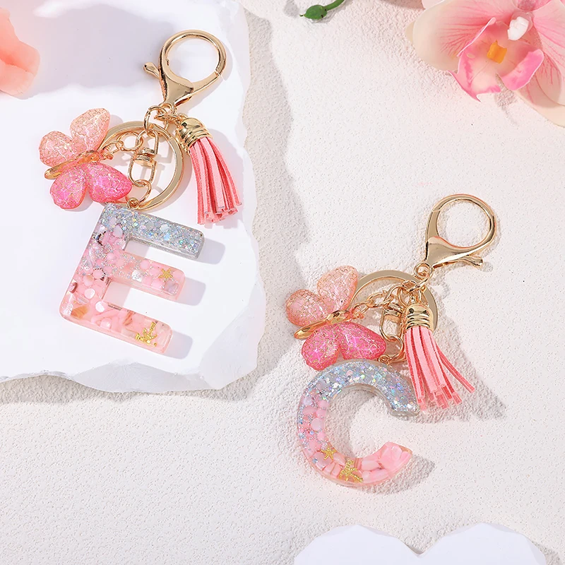 A-Z Dreamy Sequin Letters Keychain For Women Tassel Butterfly Pendant Initial Keyring Purse Suspension Bags Charms Car Key Chain