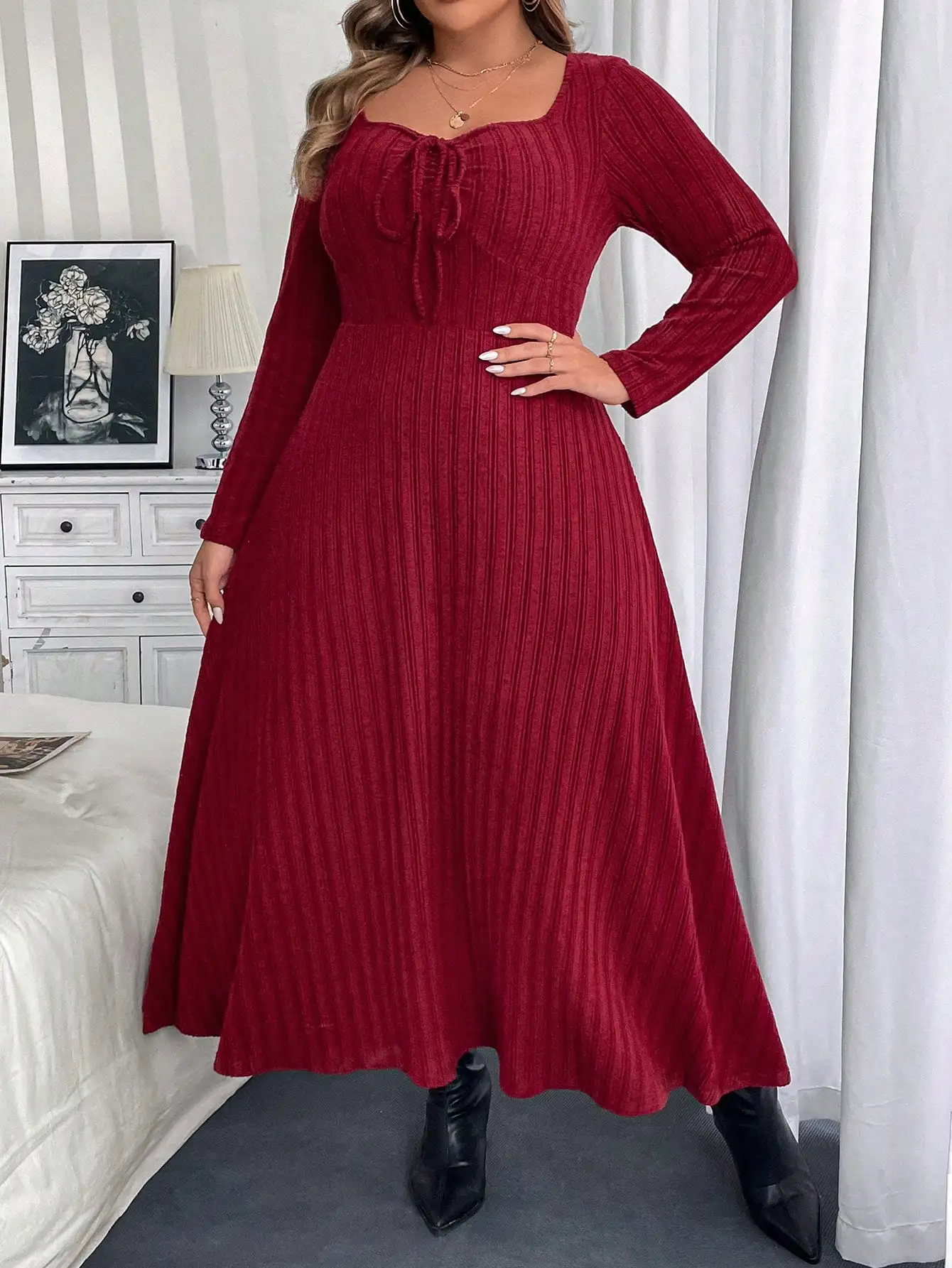 Plus Size Solid Color Long Sleeve Dress, Spring & Autumn For New Year Clothes Maxi Women Outfit
