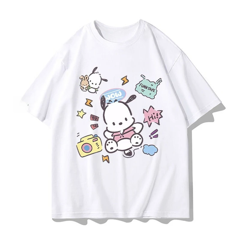 เสื้อยืดลายการ์ตูนโปชาโกะใหม่จากมินิโซ เสื้อยืดผ้าฝ้ายสำหรับผู้หญิงและผู้ชาย สไตล์ซานริโอ้ ใส่สบายๆ ทรงหลวม แขนสั้น สไตล์ Y2K