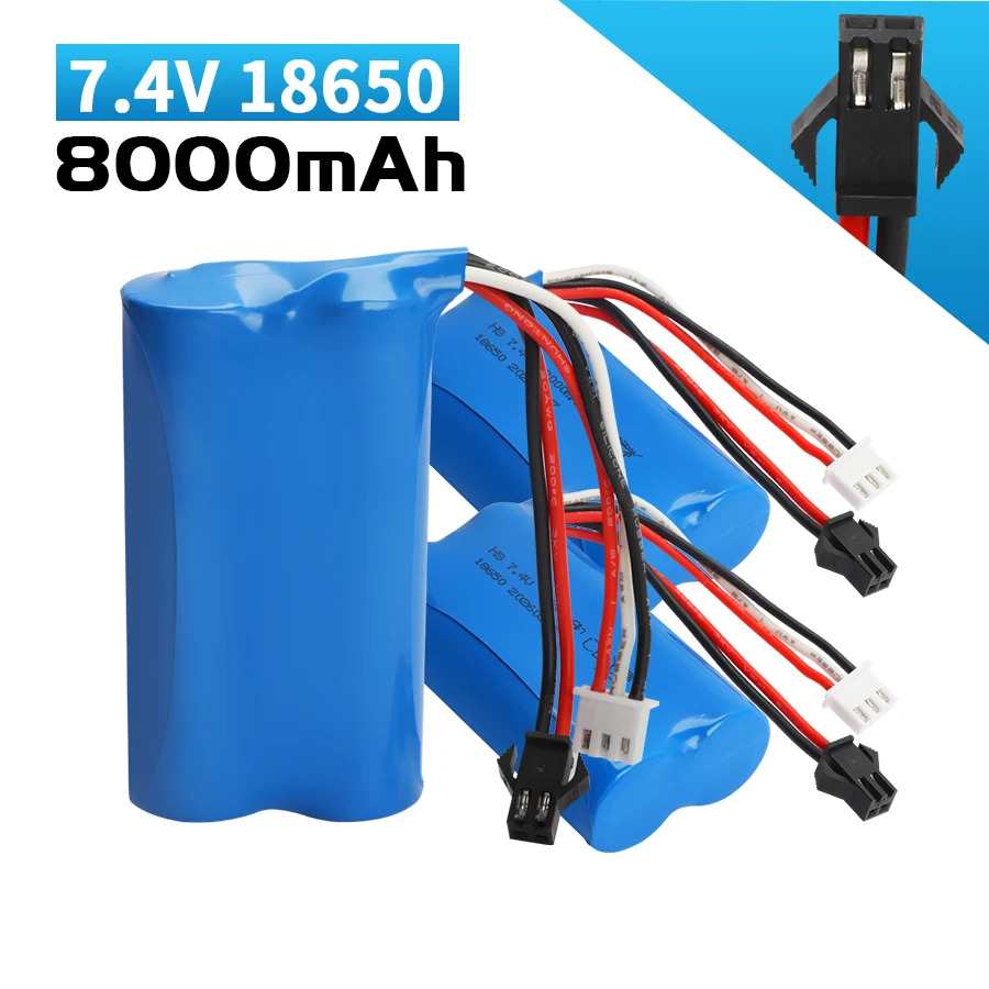 

Литий-ионный аккумулятор 7.4V 8000mAh 18650 SM-2P для WPL MN99S D90 U12A S033g Q1 H101, запчасти 7.4V для радиоуправляемых лодок, автомобилей, танков, дронов